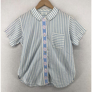 WELDON Shirt Girls 14 L Hemstitch Striped Embroidered Button Up Cotton Blue